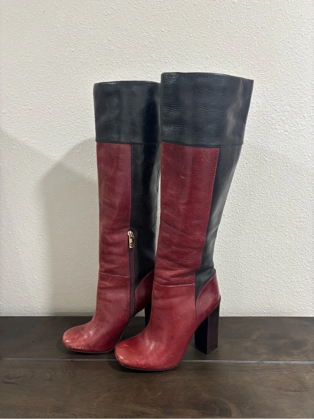 Tory Burch Two-Tone Red and Black Knee-High Leather Boots